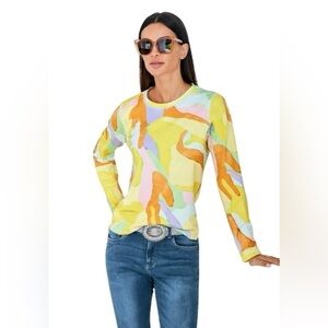 Rick Cardona New York Abstract Butter Yellow Stretchy Long Sleeve Top Sz 12